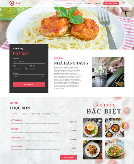 Giao diện trang chủ của website nhà hàng: banner giới thiệu, chương trình khuyến mãi, món nổi bật, flashsale, đặt bàn trước,...