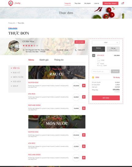 Giao diện menu cho website nhà hàng: danh sách món ăn, mô tả, giá, thêm vào giỏ hàng,....