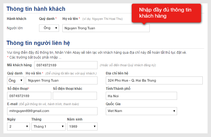 Thông tin hành khách của website đặt vé xe