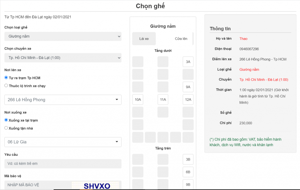 Lựa chọn chổ ngồi cho hành khách 