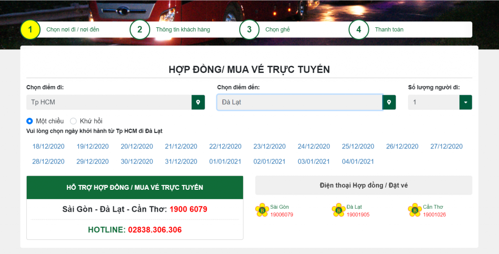 Thông tin chuyến đi của website đặt vé xe 